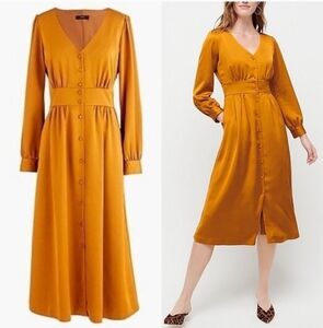 J. Crew Gold Caramel A Line Satin Formal Dress Size 0 Long Sleeve Holiday Party